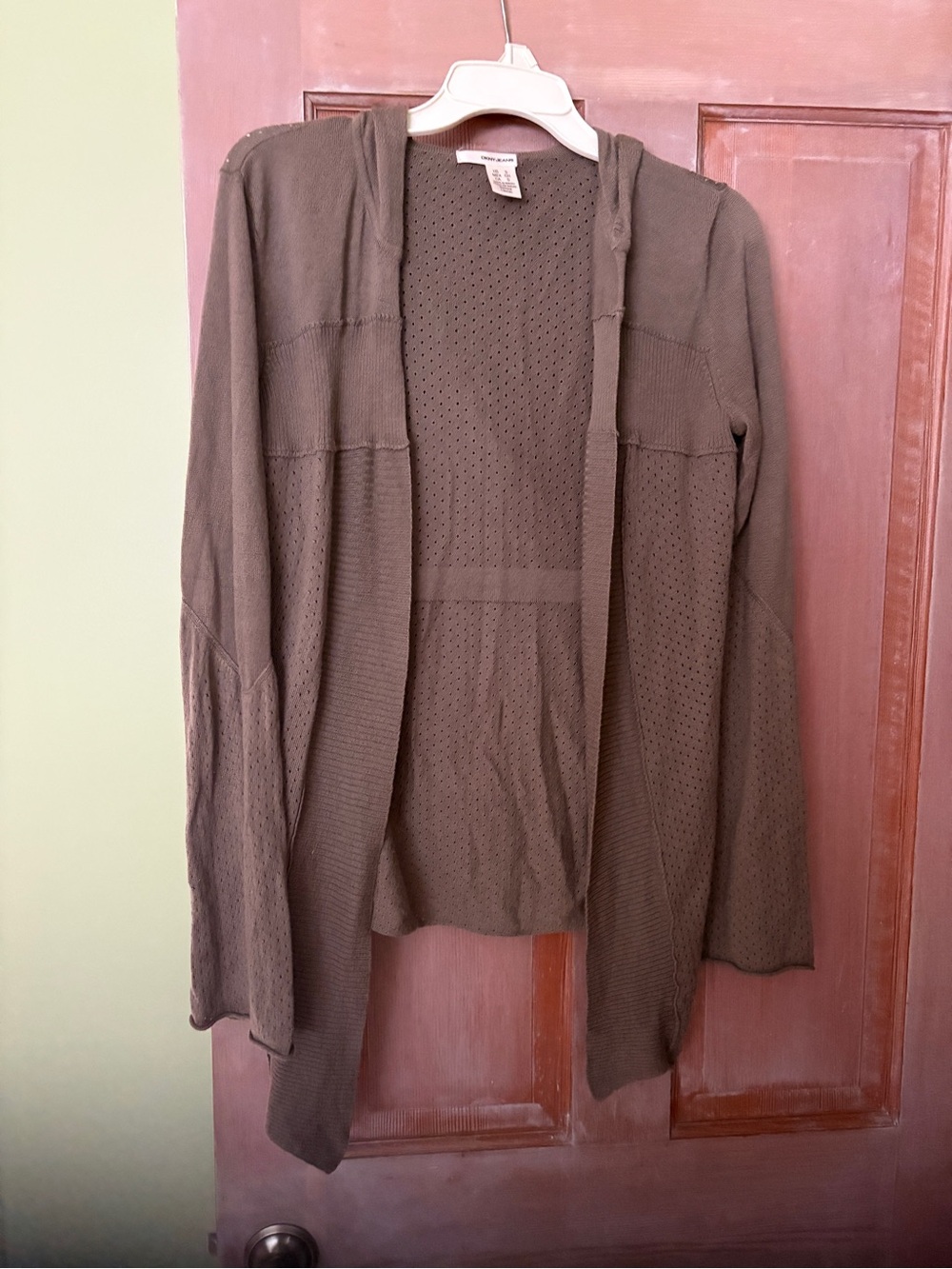 DKNY Olive Green Open-Front Knit Cardigan with hood